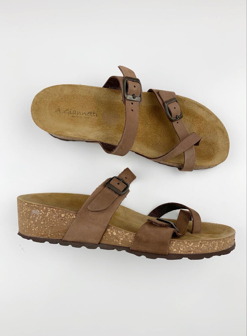 A Giannetti Sandals Brown Leather Strappy Slides Slip On Italy Women's 8.5